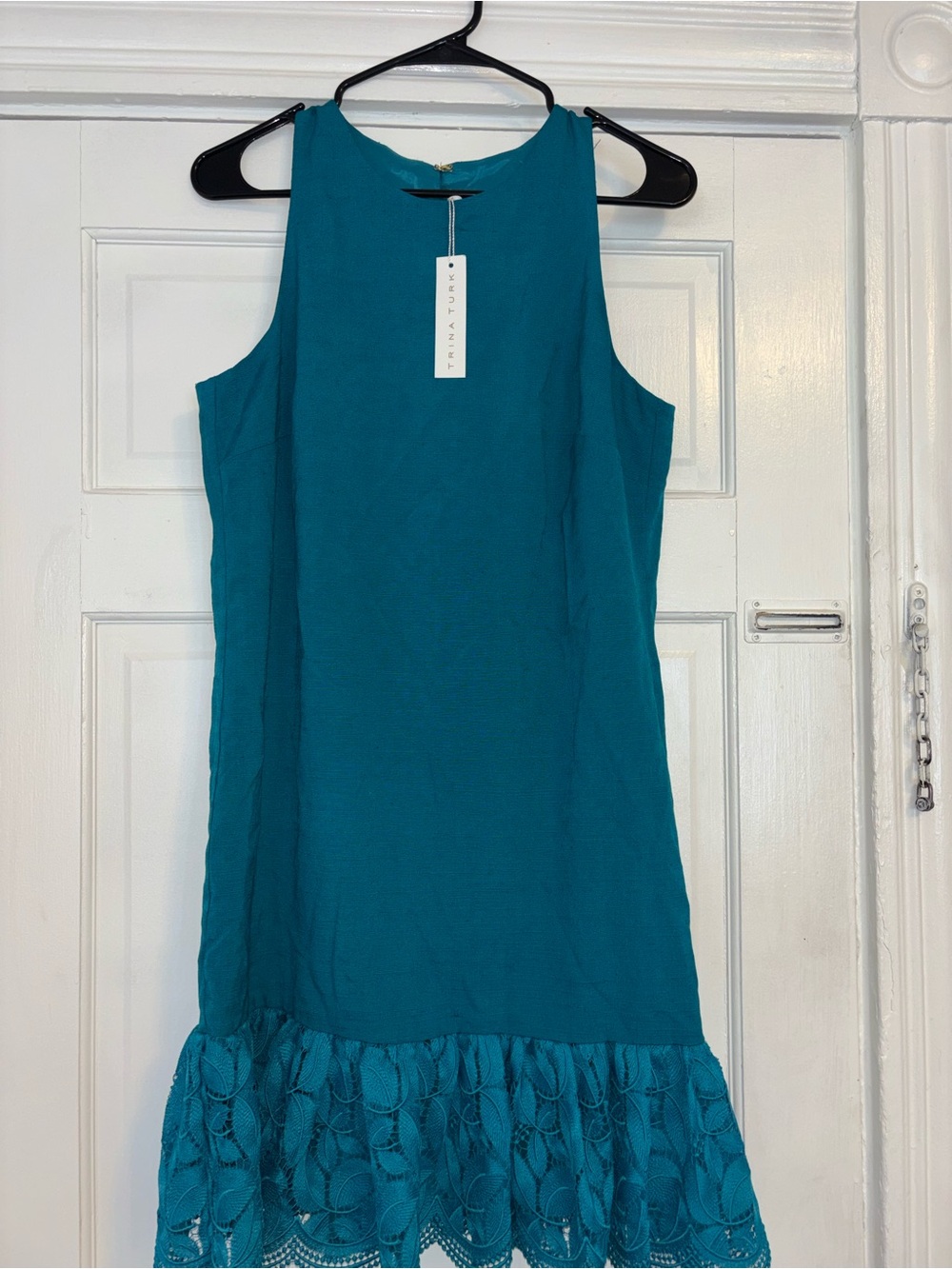 Trina Turk Teal Lace-Hem Sleeveless Shift Dress